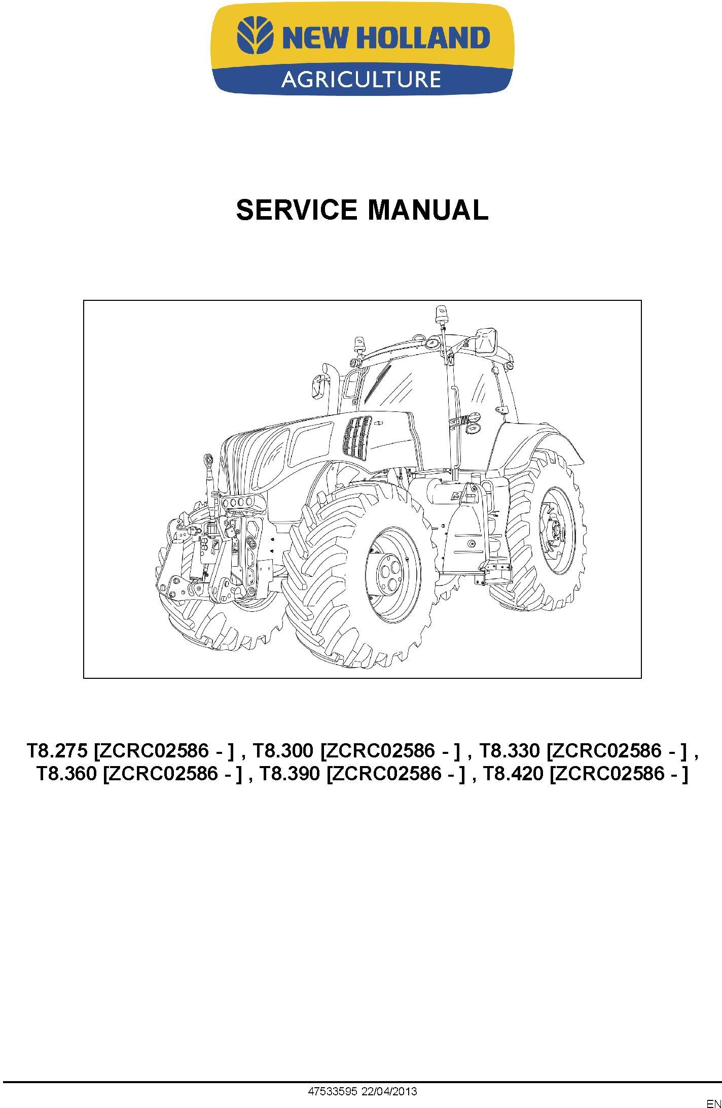 New Holland T8.275, T8.300, T8.330, T8.360, T8.390, T8.420 Tractor w.CVT Transmission Service Manual - 1