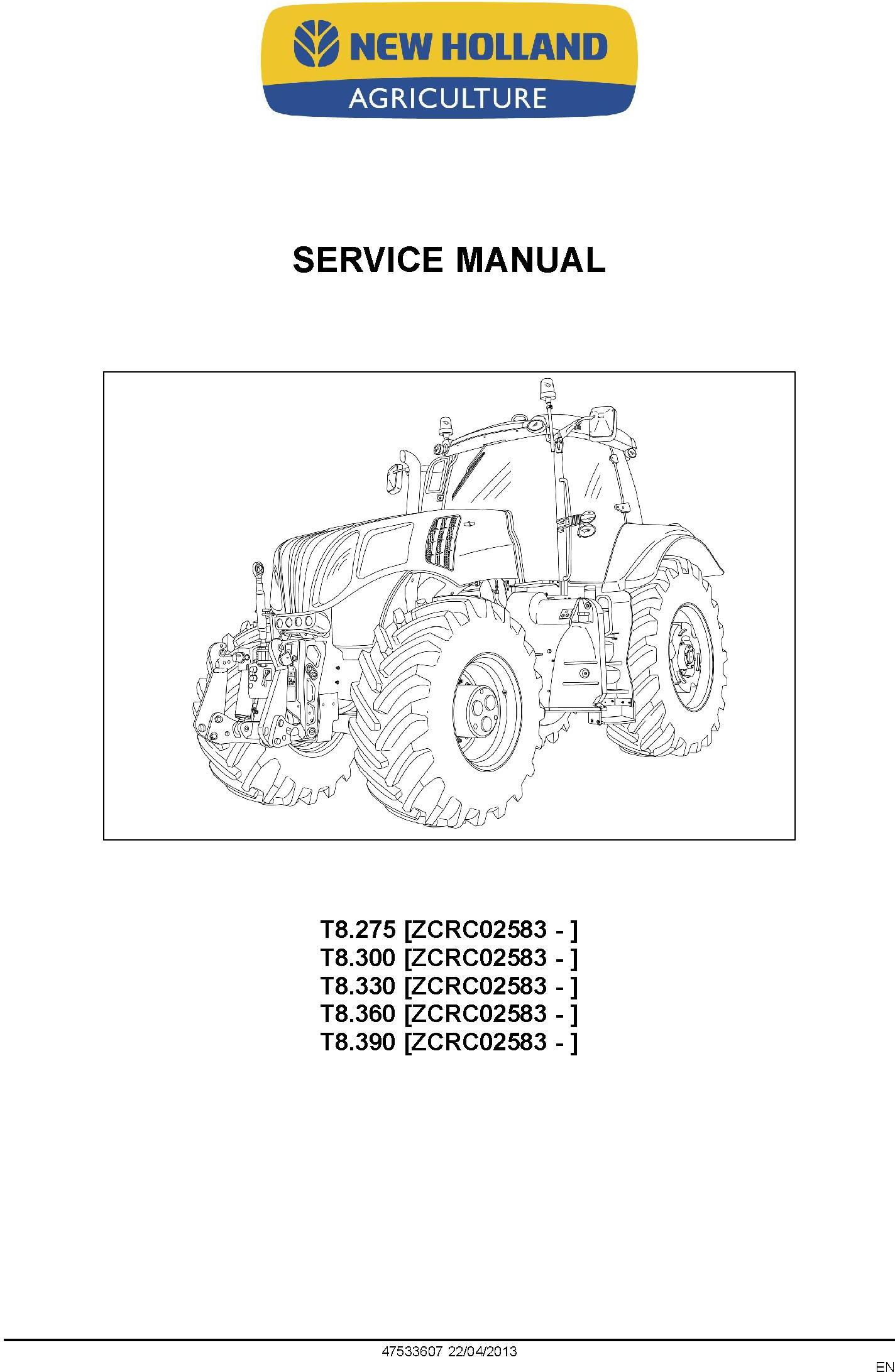 New Holland T8.275, T8.300, T8.330, T8.360, T8.390 (PST) Tractor (PIN ZCRC02583-) Service Manual - 1