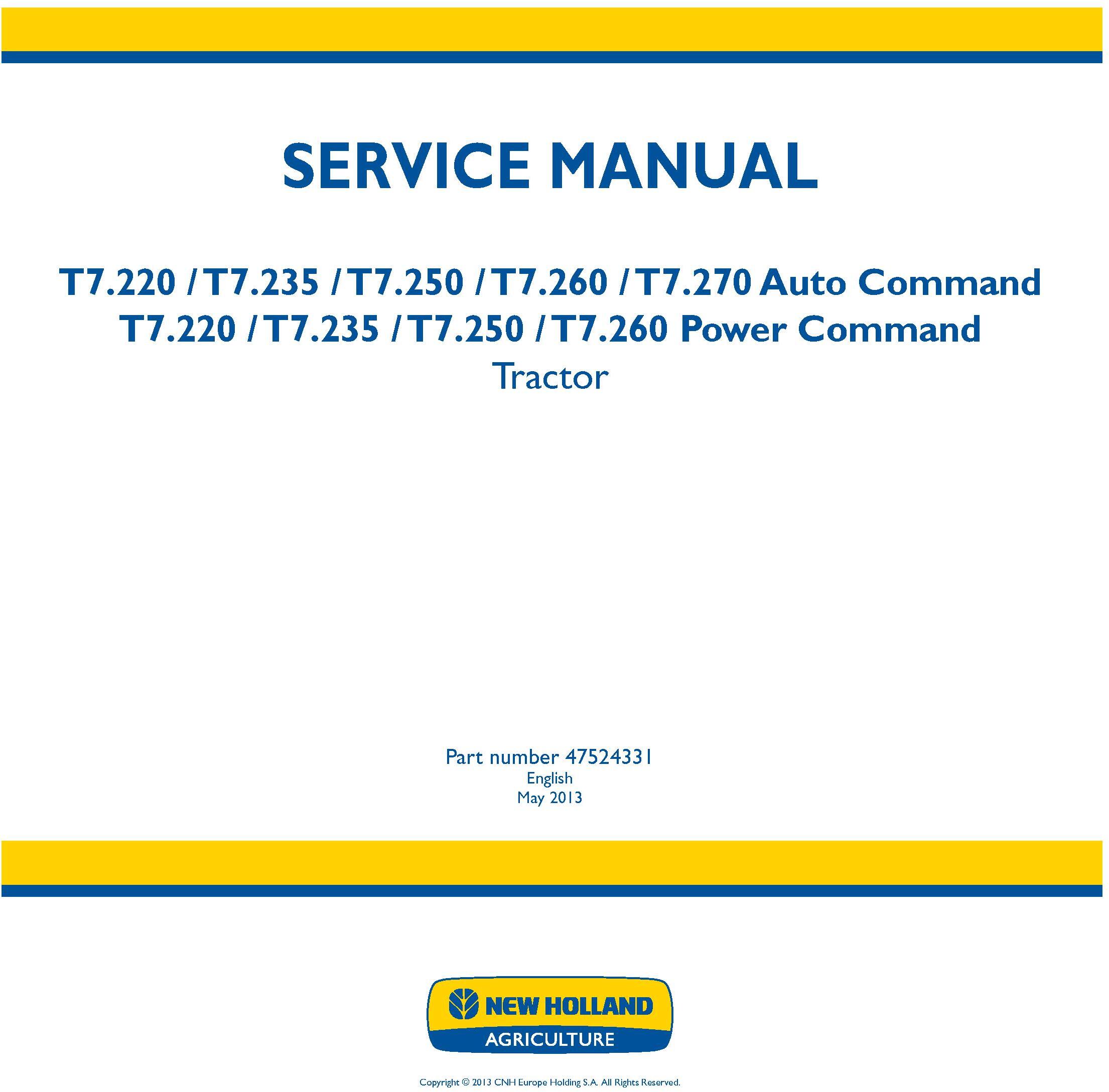 New Holland T7.220, T7.235, T7.250, T7.260, T7.270 Auto Command/Power Command Tractor Service Manual - 19385