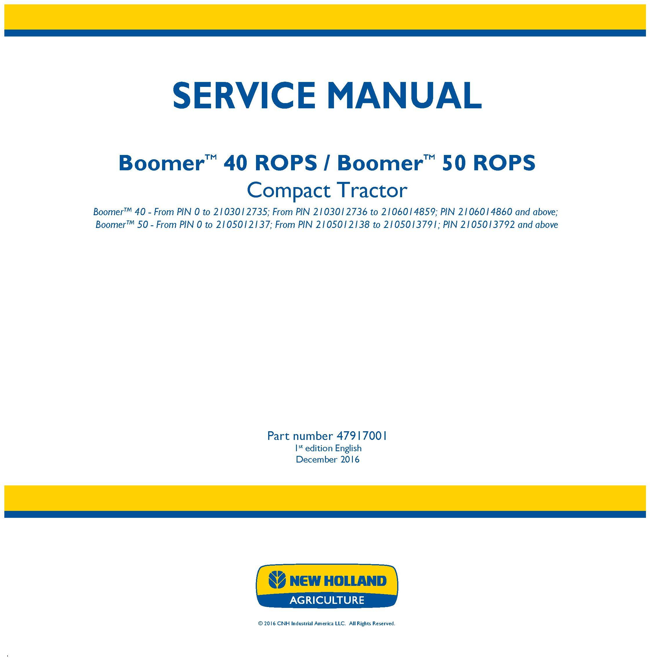 New Holland Boomer 40 ROPS, Boomer 50 ROPS Compact Tractor Service Manual (Europe) - 19452