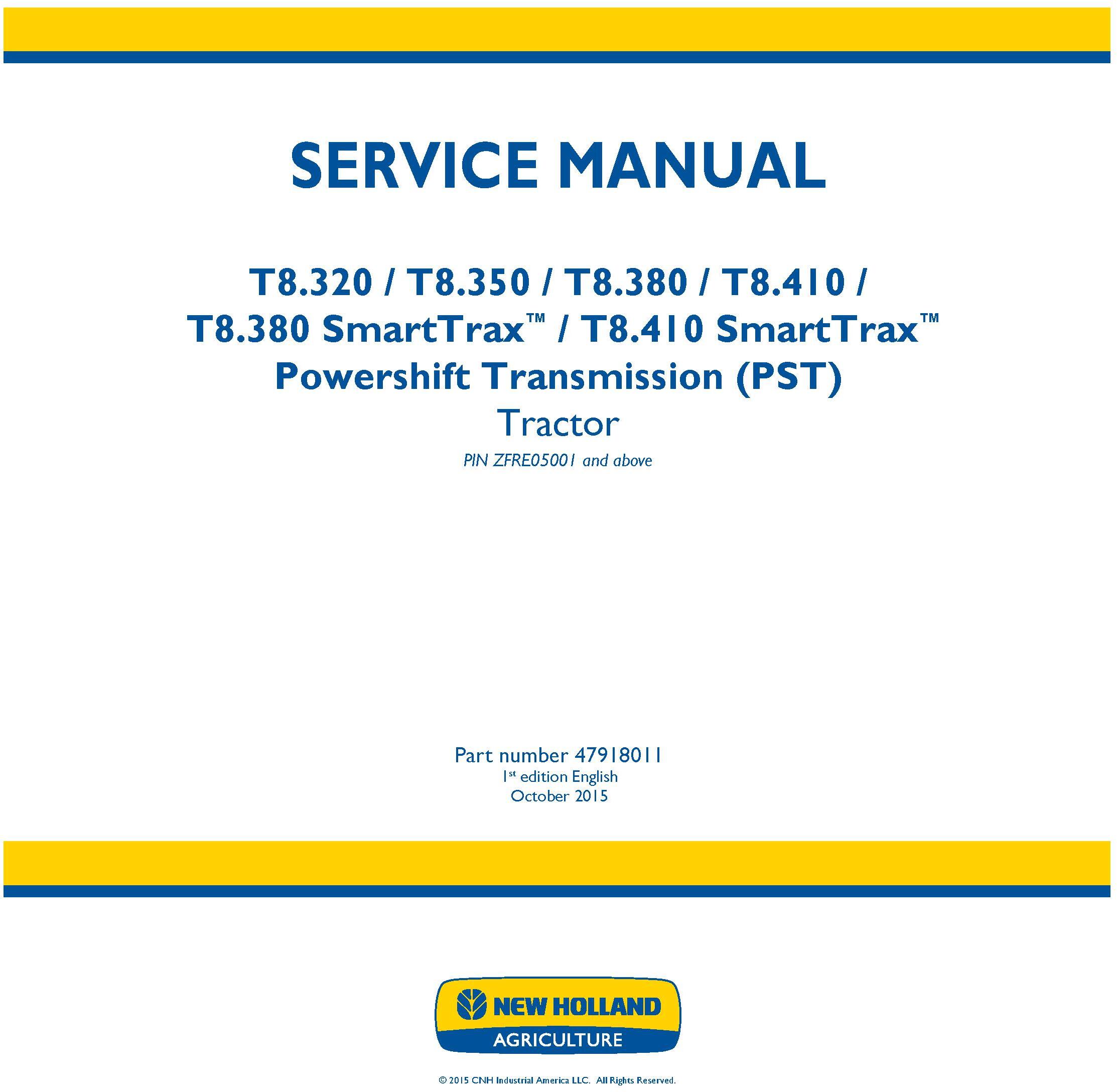 New Holland T8.320, T8.350, T8.380, T8.410 and SmartTrax Tier 2 Tractor with PST Service Manual - 19458