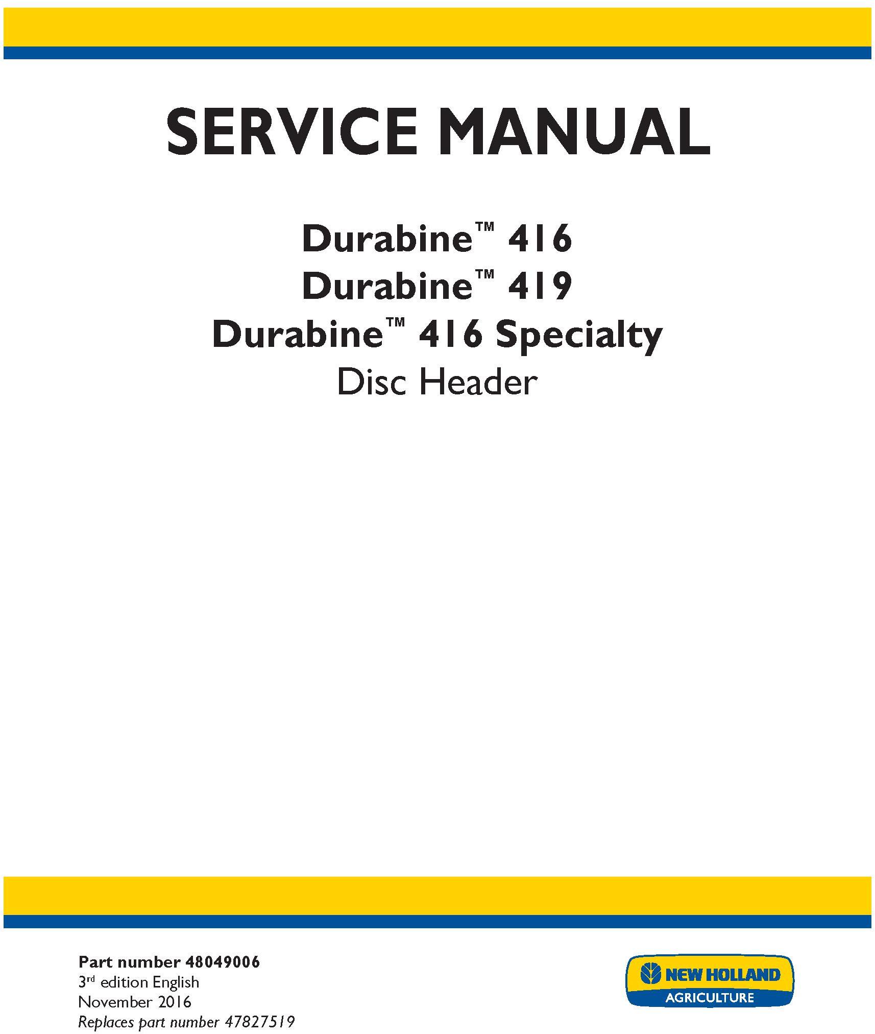 New Holland Durabine 416, 419, Durabine 416 Specialty Disc header Service Manual - 20045