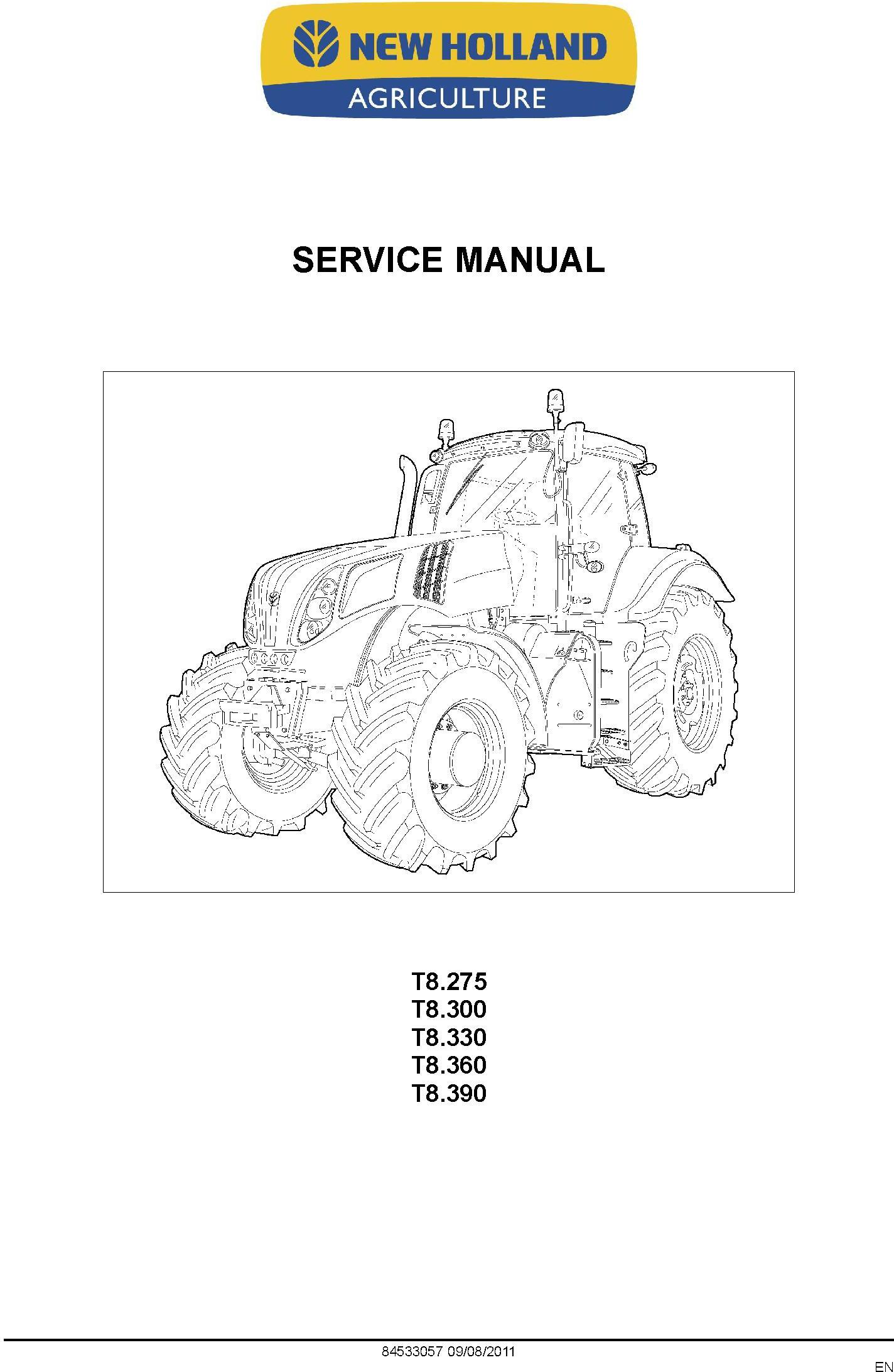 New Holland T8.275, T8.300, T8.330, T8.360, T8.390 Agricultural Tractor Service Manual (08/2011) - 19578
