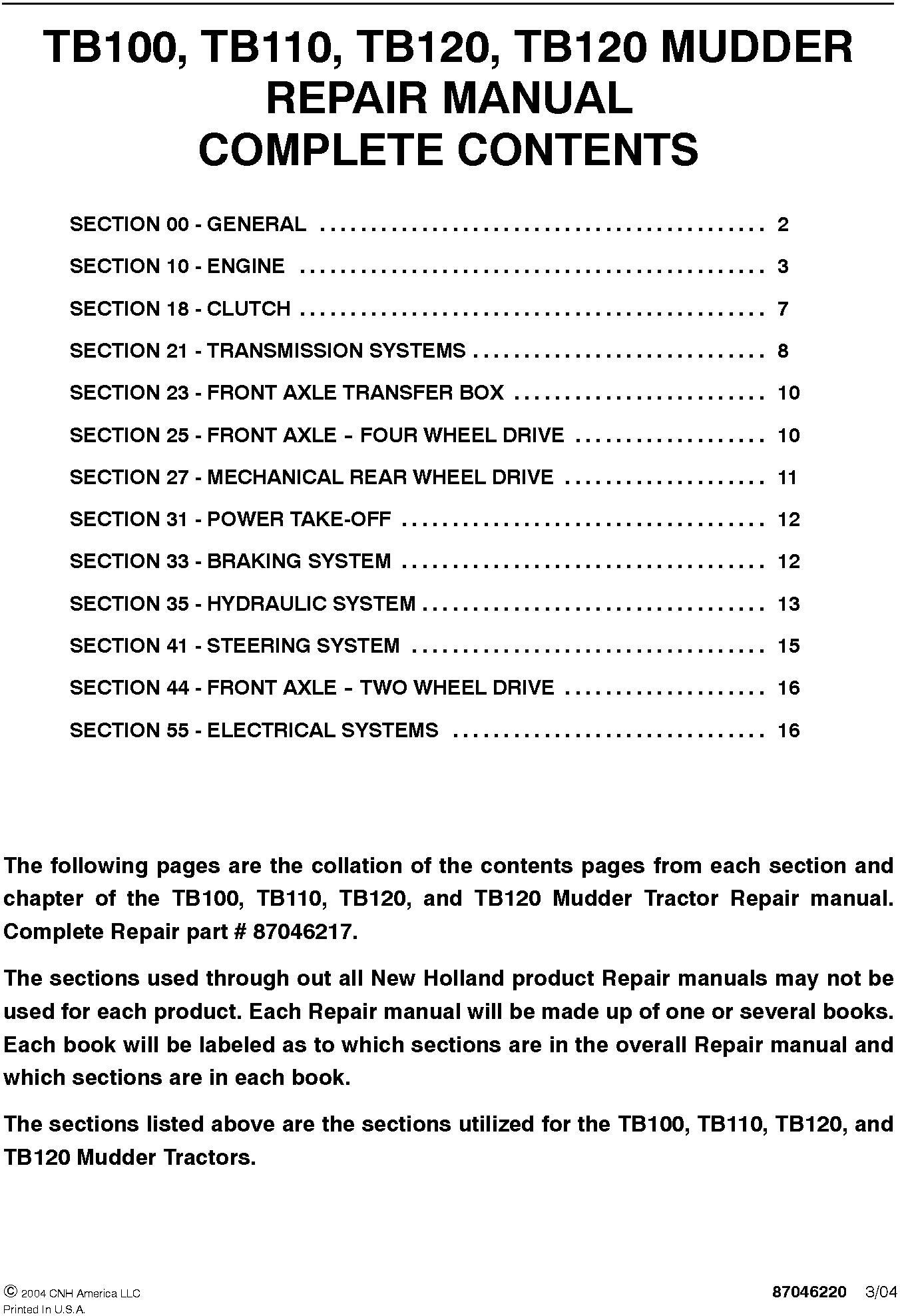 New Holland TB100, TB110, TB120, TB120 Mudder Tractor Complete Service Manual - 19605