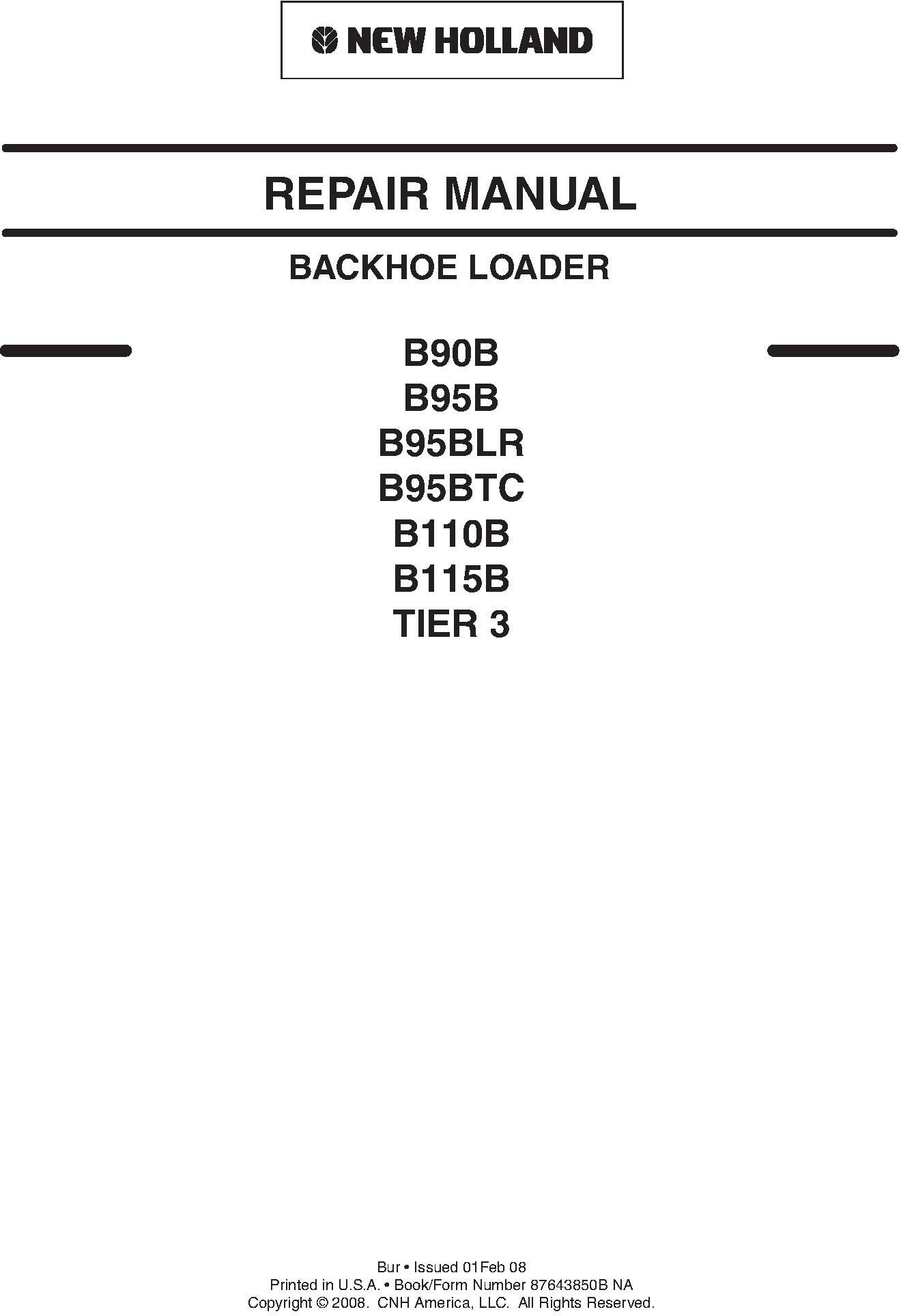 New Holland B90B, B95B, B95BLR, B95BTC, B110B, B115B Tier 3 Backhoe Loader Service Manual - 19947