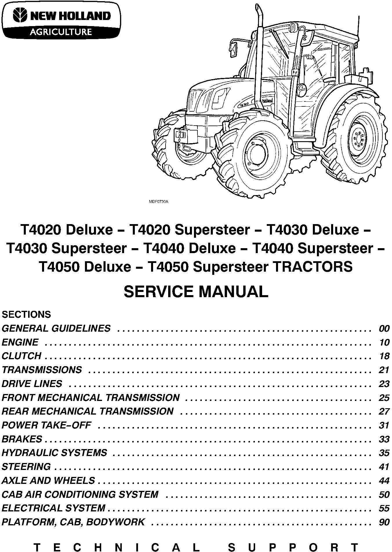 New Holland T4020, T4030, T4040, T4050 Deluxe / Supersteer Agricultural Tractors Service Manual