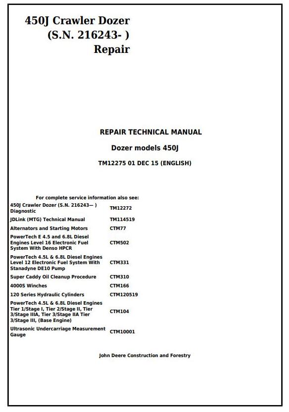 TM12275 - John Deere 450J Crawler Dozer (S.N. from 216243) Service Repair Technical Workshop Manual - 17428