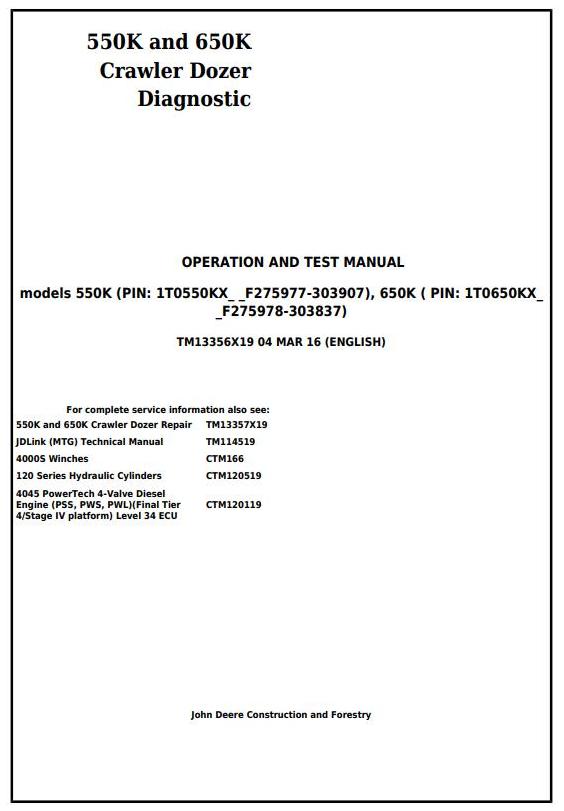 TM13356X19 - John Deere 550K, 650K Crawler Dozer (S.N.from 275977) Diagnostic and Test Service Manual - 17444