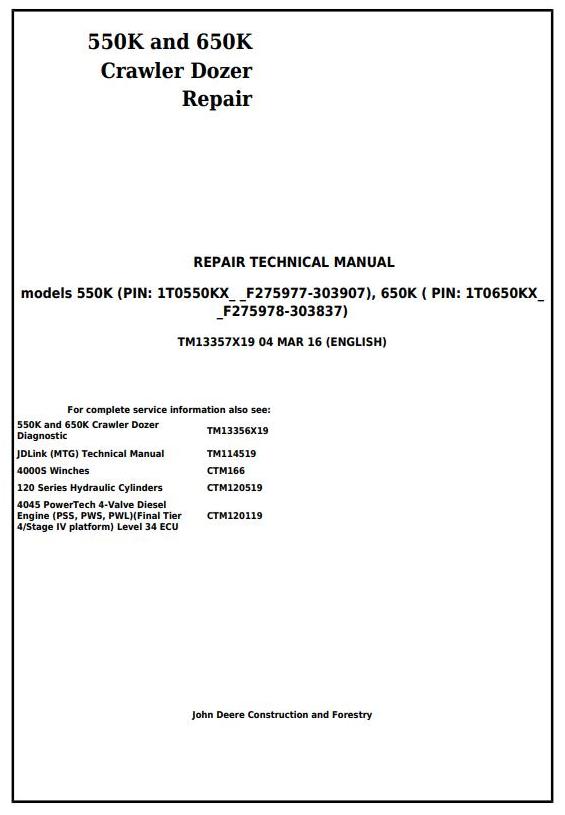 TM13357X19 - John Deere 550K, 650K Crawler Dozer (S.N. from 275977) Service Repair Technical Manual - 17445
