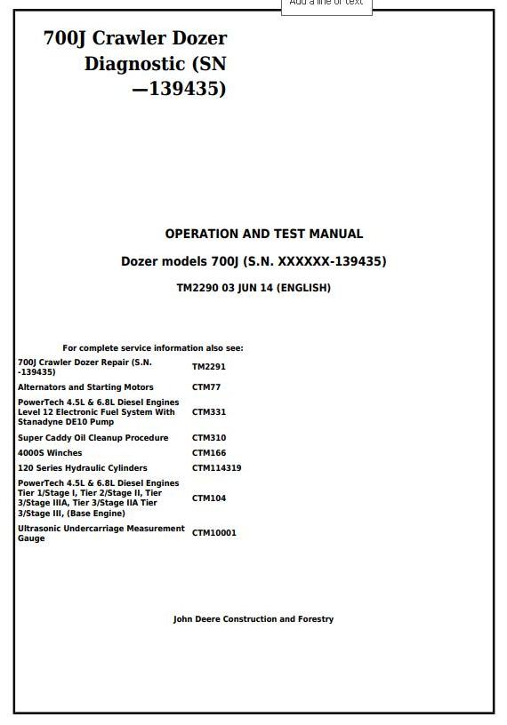 TM2290 - John Deere 700J Crawler Dozer (SN before 139435) Diagnostic, Operation & Test Service Manual