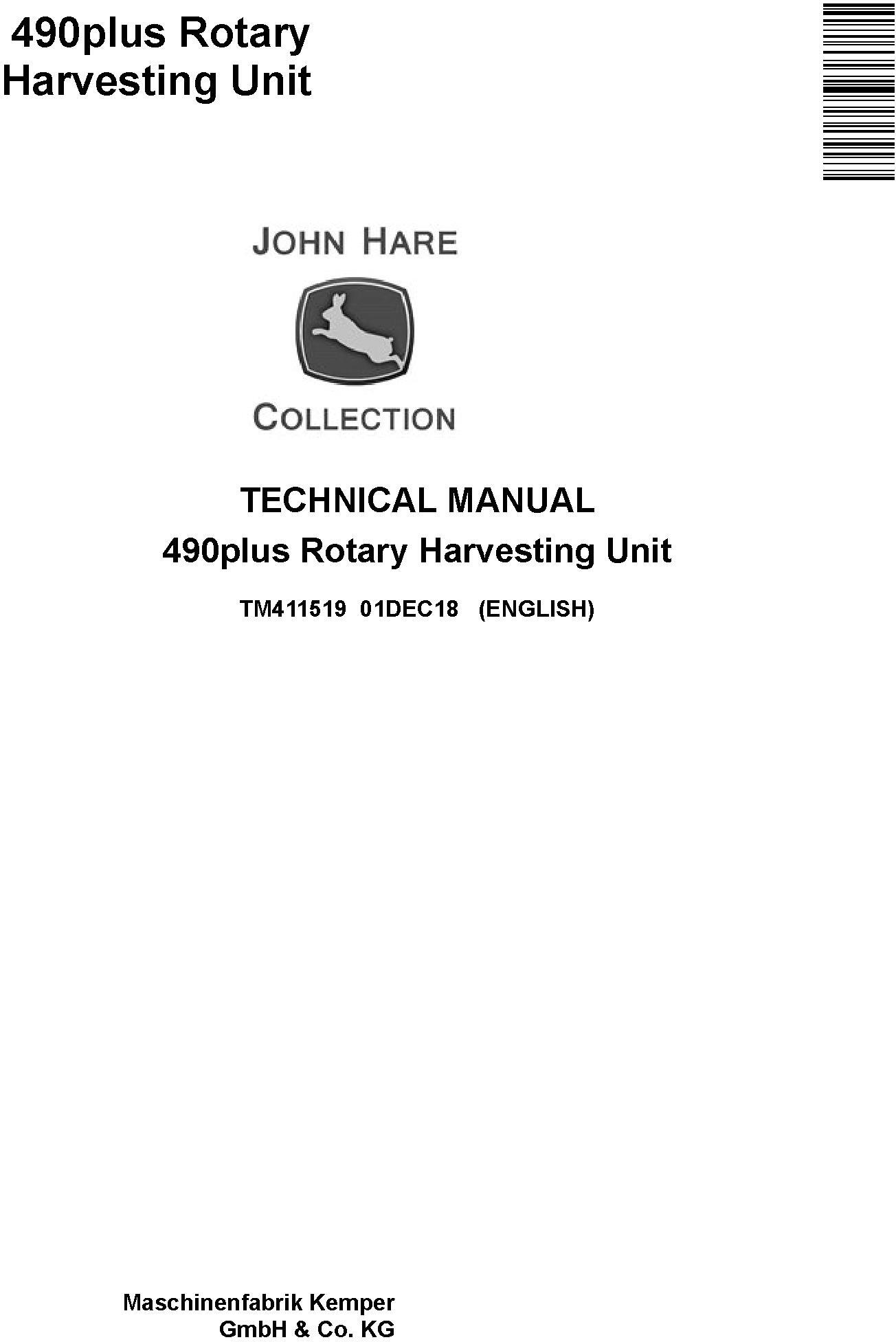 John Deere 490plus Rotary Harvesting Unit Technical Manual (TM411519) - 20146