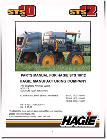 Hagie DPS12, STS10 and STS12 (SN: 019001-019500) Self-Propelled Sprayers Parts Catalog (PM493777)