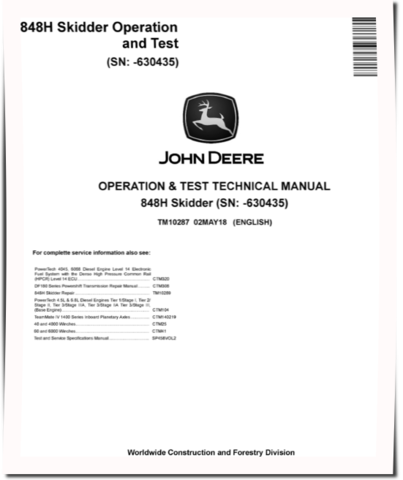 John Deere 848H (SN: -630435) Grapple Skidders Operation and Test Manual (TM10287)