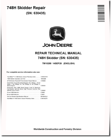 John Deere 748H (SN: -630435) Grapple Skidders Repair Manual (TM10288)