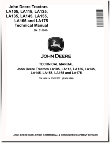 John Deere LA105, LA115, LA125, LA135, LA145, LA155, LA165 and LA175 Lawn Tractors Technical Manual (TM103419)