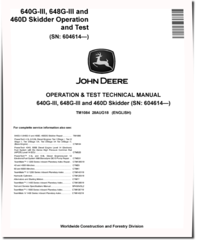 John Deere 640G-III, TimberJack 460D Skidders and 648G-III Grapple Skidders Operation and Test Manual (TM1084)
