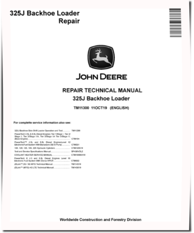 John Deere 325J Backhoe Loaders Repair Manual (TM11300)