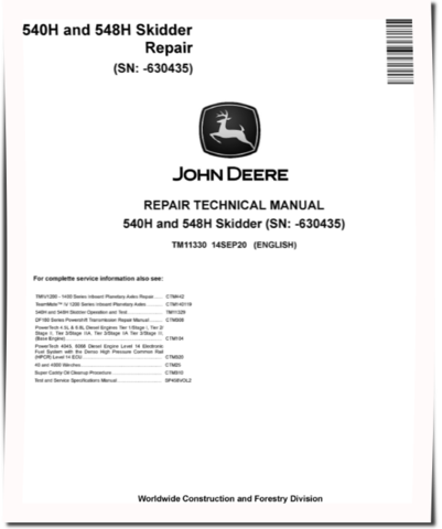 John Deere 540H Cable Skidders and 548H Grapple Skidders (SN: -630435) Repair Manual (TM11330)