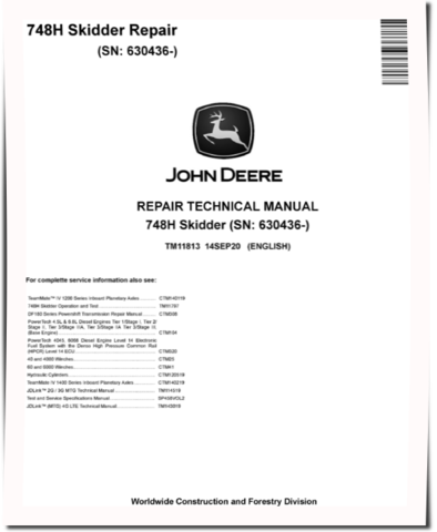 John Deere 748H (SN: 630436-) Grapple Skidders Repair Manual (TM11813)