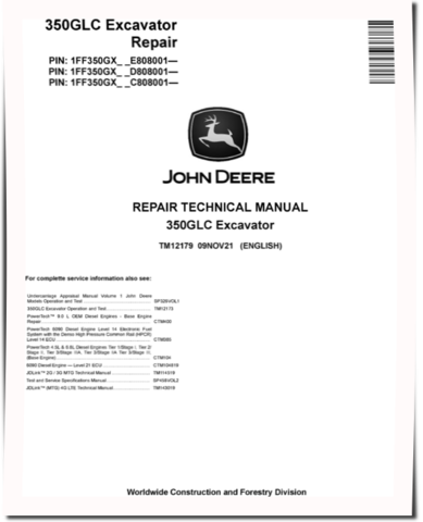 John Deere 350GLC (SN. from C808001) Crawler Excavators Repair Manual (TM12179)