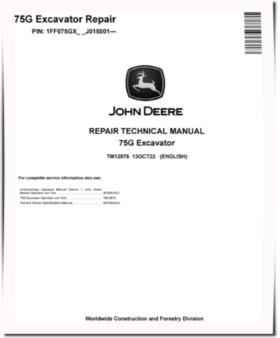 John Deere 75G (SN. from J015001) Crawler Excavators Repair Manual (TM12876)