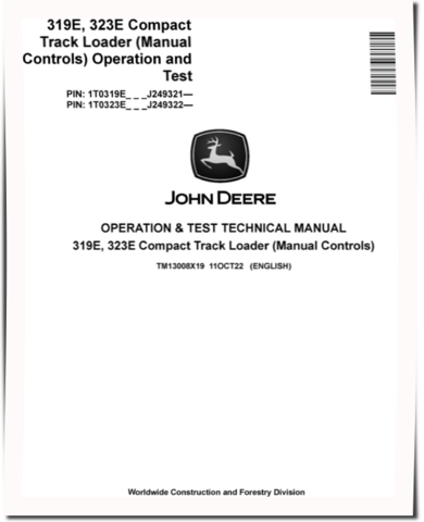 John Deere 319E and 323E (SN. from J249321) Compact Track Loaders (Manual Controls) Operation and Test Manual (TM13008X19)