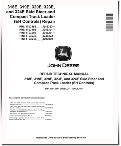 John Deere 319E, 323E Compact Track Loaders, 318E, 320E and 324E Skid Steer Loaders with EH Controls (SN. from J249291) Repair Manual (TM13011X19)