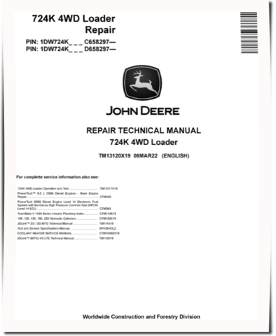 John Deere 724K (SN. from C658297, D658297) 4WD Loaders Repair Manual (TM13120X19)
