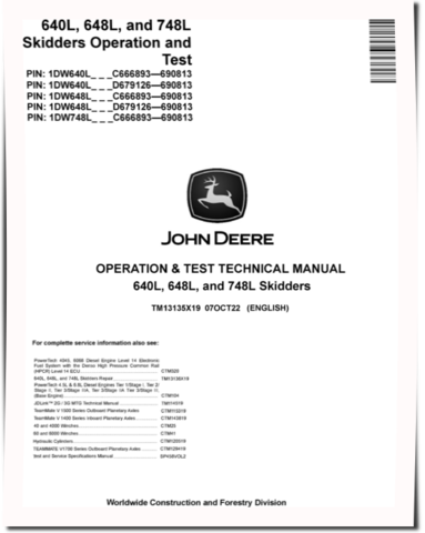 John Deere 640L Skidders, 648L and 748L Grapple Skidders Operation and Test Manual (TM13135X19)