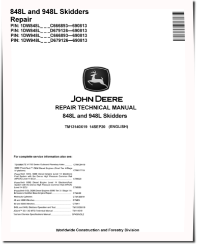 John Deere 848L and 948L (SN: C666893—690813, D679126—690813) Grapple Skidders Repair Manual (TM13140X19)