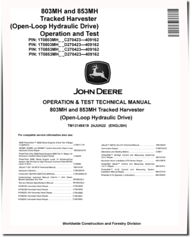 John Deere 803MH and 853MH (Open Loop Hydraulic Drive) Tracked Harvesters Operation and Test Manual (TM13149X19)