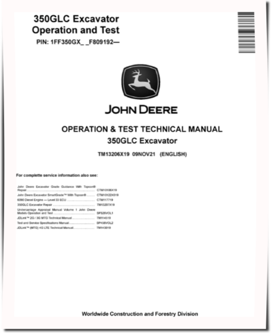 John Deere 350GLC (SN. from F809192) Crawler Excavators Operation and Test Manual (TM13206X19)