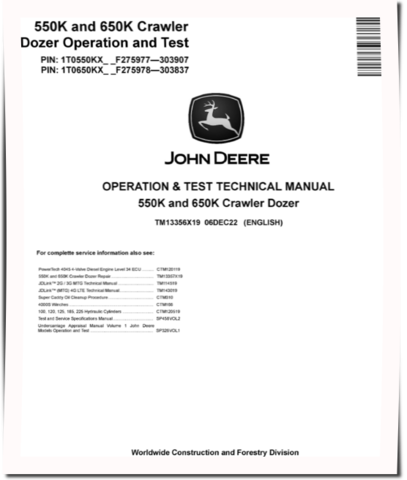 John Deere 550K and 650K Crawler Dozers (SN: F275977-303907) Operation and Test Manual (TM13356X19)