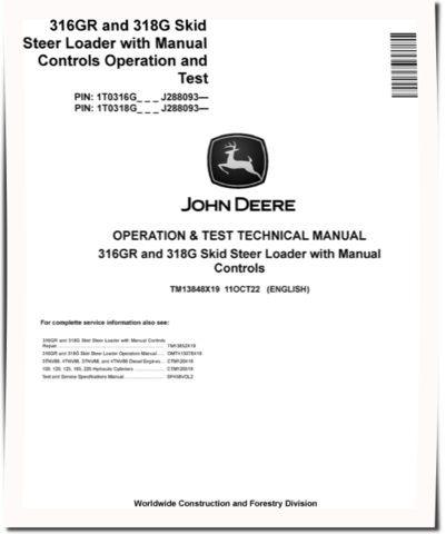 John Deere 316GR and 318G Skid Steer Loaders with Manual Controls (SN. from J288093) Operation and Test Manual (TM13848X19)