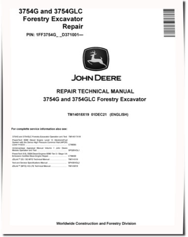 John Deere 3754G and 3754GLC Forestry Excavators Repair Manual (TM14018X19)
