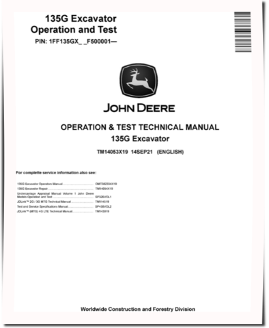 John Deere 135G (SN. from F500001) Crawler Excavators Operation and Test Manual (TM14053X19)