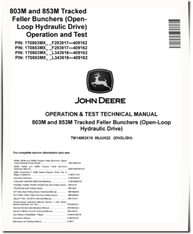 John Deere 803M and 853M Tracked Feller Bunchers (Open Loop Hydraulic Drive) Operation and Test Manual (TM14083X19)
