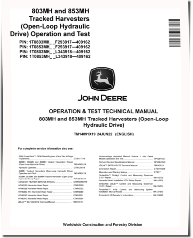 John Deere 803MH and 853MH Harvesters (Open-Loop Hydraulic Drive) Operation and Test Manual (TM14091X19)