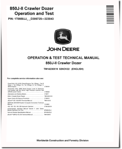 John Deere 850J-II (SN: D306725-323043) Crawler Dozers Operation and Test Manual (TM14230X19)