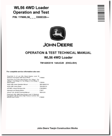 John Deere WL56 (SN. from D000326) 4WD Loaders Operation and Test Manual (TM14283X19)