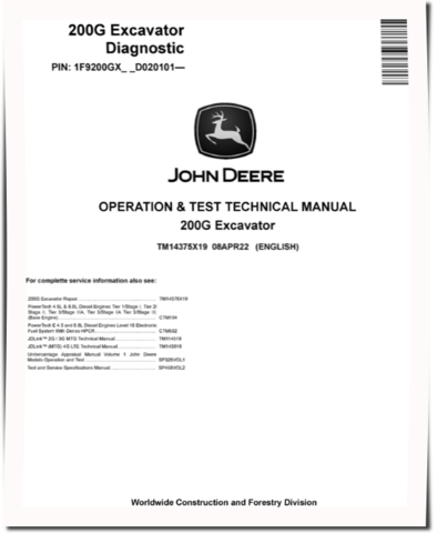 John Deere 200G (SN. from D020101-) Crawler Excavators Operation and Test Manual (TM14375X19)