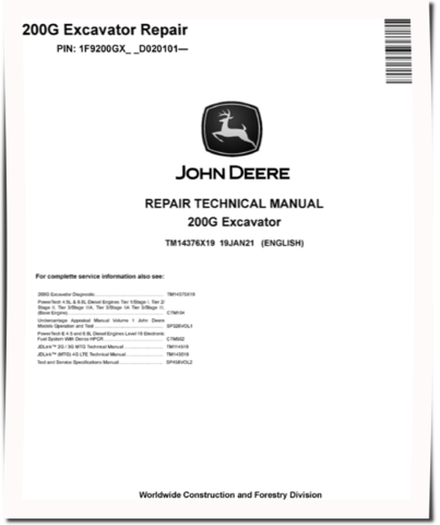 John Deere 200G (SN. from D020101) Crawler Excavators Repair Manual (TM14376X19)