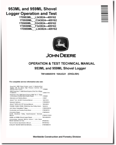 John Deere 953ML and 959ML Shovel Loggers Operation and Test Manual (TM14484X019)