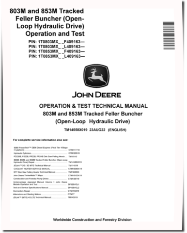 John Deere 803M and 853M (Open Loop Hydraulic Drive) Tracked Feller Bunchers Operation and Test Manual (TM14558X019)
