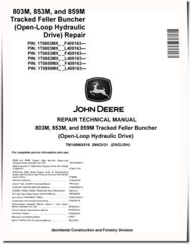 John Deere 803M, 853M and 859M (Open Loop Hydraulic Drive) Tracked Feller Bunchers Repair Manual (TM14566X019)