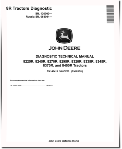 John Deere 8225R, 8245R, 8270R, 8295R, 8320R, 8335R, 8345R, 8370R and 8400R Tractors (SN: 120000-; Russian SN: 058001-) Diagnostic Manual (TM146419)