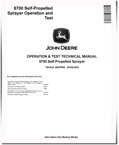 John Deere 6700 Self-Propelled Sprayers Operation and Test Manual (TM1834)