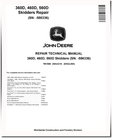 Timberjack 360D, 460D, 560D Skidders, 360D, 460D and 560D Grapple Skidders Repair Manual (TM1880)