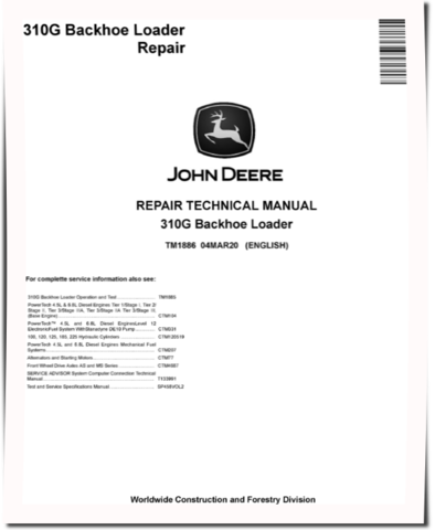 John Deere 310G Backhoe Loaders Repair Manual (TM1886)