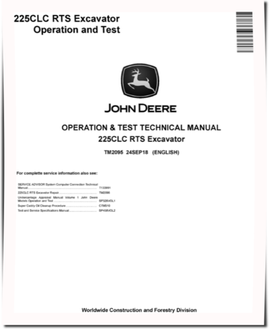 John Deere 225C LC RTS Crawler Excavators Operation and Test Manual (TM2095)